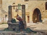 un tableau représentant une femme puisant de l'eau à un puits