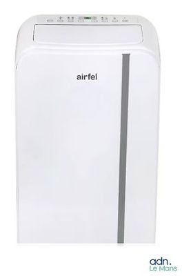 un climatiseur portable blanc posé sur une table blanche