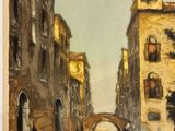 painting of a canal with gondolas and buildings in the background