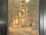 tableau représentant une maison rouge avec une horloge sur la façade