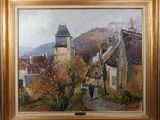 une peinture à l'huile représentant une rue de village avec une personne qui s'y promène