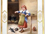 an image of a painting of a woman feeding birds in a kitchen