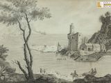 dessin représentant un paysage fluvial avec un château et un bateau sur l'eau
