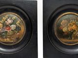 pair of framed paintings of flowers in a vase and a vase of flowers