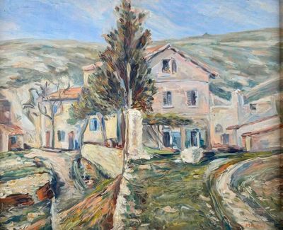 une image représentant une peinture d'une maison et d'un arbre dans un champ
