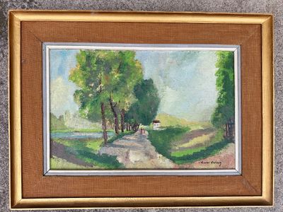 une peinture à l'huile représentant un pont sur une rivière avec un arbre au premier plan