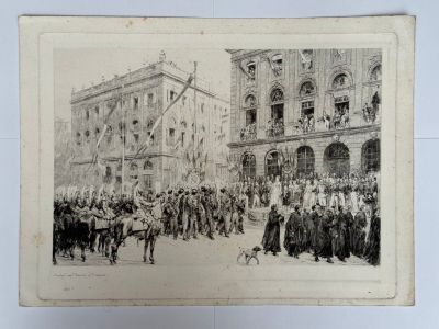 un vieux dessin représentant un groupe de personnes debout devant un bâtiment