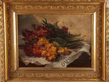 an oil painting of a bouquet of flowers in a gold frame