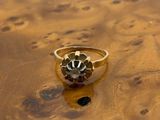 an image of a gold ring with a black diamond on top of a wooden table