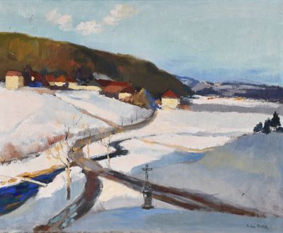 une image représentant un tableau d'un paysage enneigé avec des bateaux