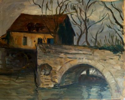 une peinture représentant un pont enjambant une rivière, avec un bâtiment en arrière-plan