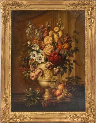 une peinture à l'huile représentant des fleurs dans un vase sur une table