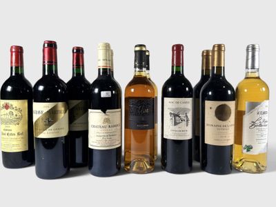 several bottles of wine are lined up in a row on a white surface