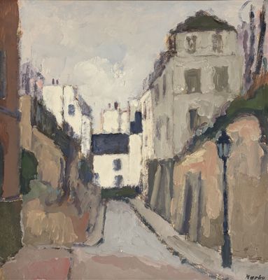 painting of a painting of a street with buildings in the background