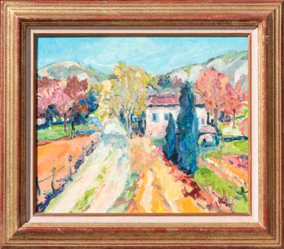 a painting of a country road with trees and houses in the background