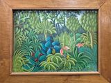 an oil painting of a jungle scene with flamingos in the foreground