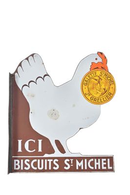 une enseigne sur laquelle figure un poulet et où l'on peut lire « Ici biscuits et Michel »