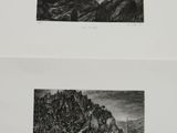two black and white prints of a mountain scene
