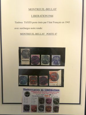 une photo encadrée représentant une collection de timbres exposée