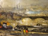 painting of people walking on a beach with boats in the background