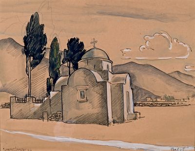 dessin représentant une vieille église dans le désert, avec des montagnes en arrière-plan