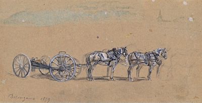 un dessin représentant une calèche tirée par deux chevaux