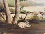un tableau représentant une chèvre couchée dans l'herbe