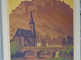 une affiche représentant un château situé sur une colline surplombant une rivière