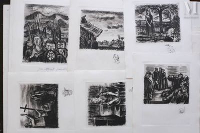 several black and white drawings of people and animals on a sheet of paper