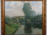 a painting of a river with a church in the distance