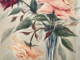 a painting of roses in a glass vase on a table