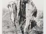 drawing of a man in a fur coat with a cane and a dog