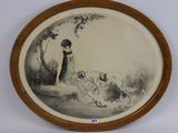 an old picture of a woman sitting on a bench with a dog