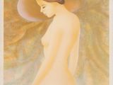 un tableau représentant une femme nue coiffée d'un grand chapeau