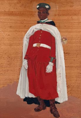 painting of a man dressed in a red coat and white cape