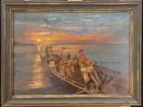 painting of a group of people on a boat in the water