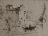 un dessin représentant un bateau dans l'eau près d'un bâtiment