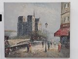 painting of a city street scene with people walking on the sidewalk