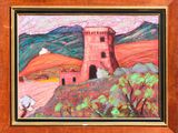 an oil painting of a castle on a hill with trees and hills in the background