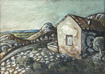 an oil painting of a house on a hill with a mountain in the background