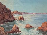 painting of a view of a rocky coast with a sailboat in the distance