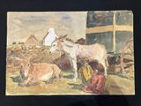 a picture of a painting of a woman and a donkey
