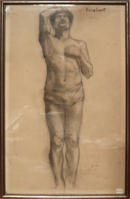dessin représentant un homme debout devant un mur, les mains sur la tête