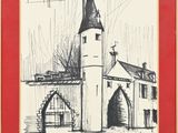 an image of a drawing of a church in a red frame