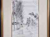 un dessin en noir et blanc représentant des arbres dans un paysage enneigé