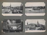several old black and white photos of a city and a river