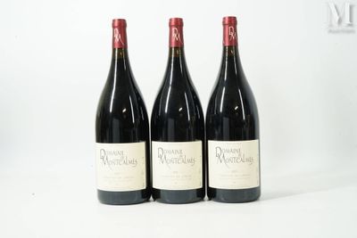 trois bouteilles de vin rouge sont alignées sur une surface blanche