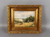 une peinture à l'huile représentant un paysage, dans un cadre doré, accrochée à un mur gris