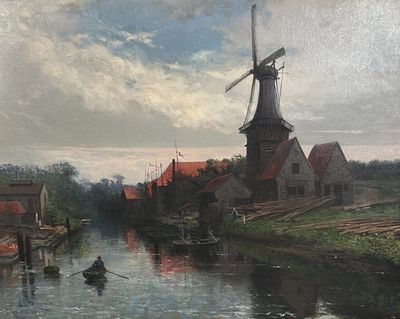 un tableau représentant un homme ramant sur une rivière