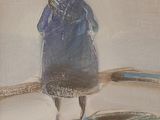 tableau représentant une femme vêtue d'un manteau bleu et d'un chapeau, debout sur une plage